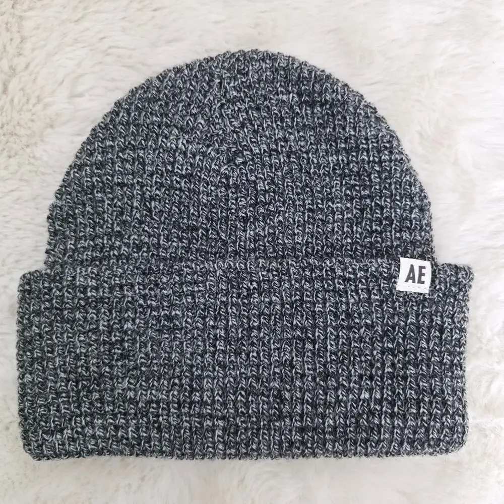 American Eagle Black Marbled Waffle Knit Beanie NEW Unisex Slouchy Winter Hat OS